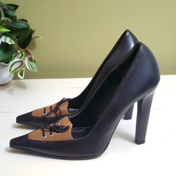 Valentino Garavani | Brown Leather and Suede Pumps with Laces Sz 37 - Picture 6 of 11